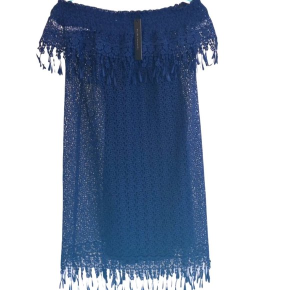 Elie Tahari Dress Blue Size 4 NWT Crochet Off Shoulder Tank Overlay MSRP $398 - Picture 4 of 14